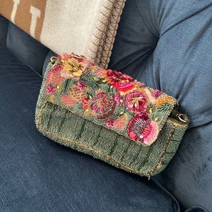 Green Zara Floral Beaded Crossbody Clutch/Handbag